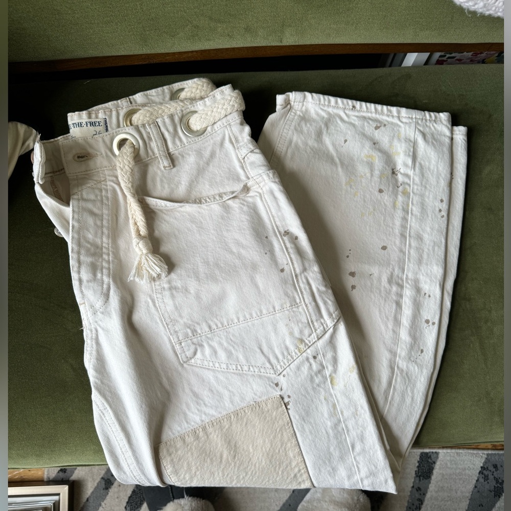 Free People Ivory/Cream Canvas Wide-Leg Jeans